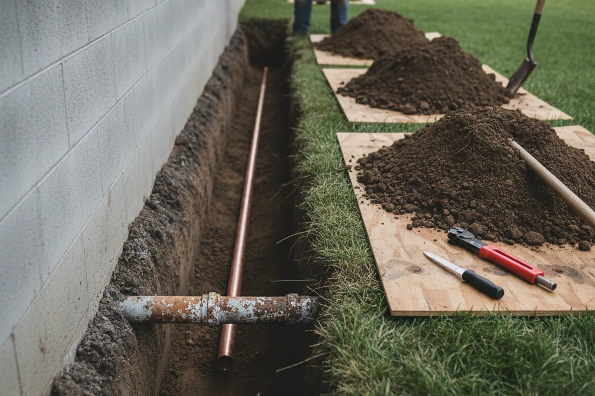 Excavated water line trench during Water Softener Installation in Fairfield